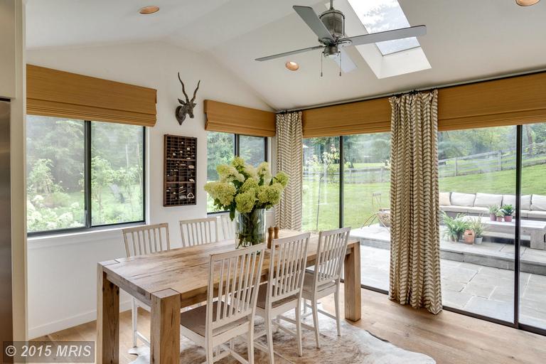 A dining room table in front of a window