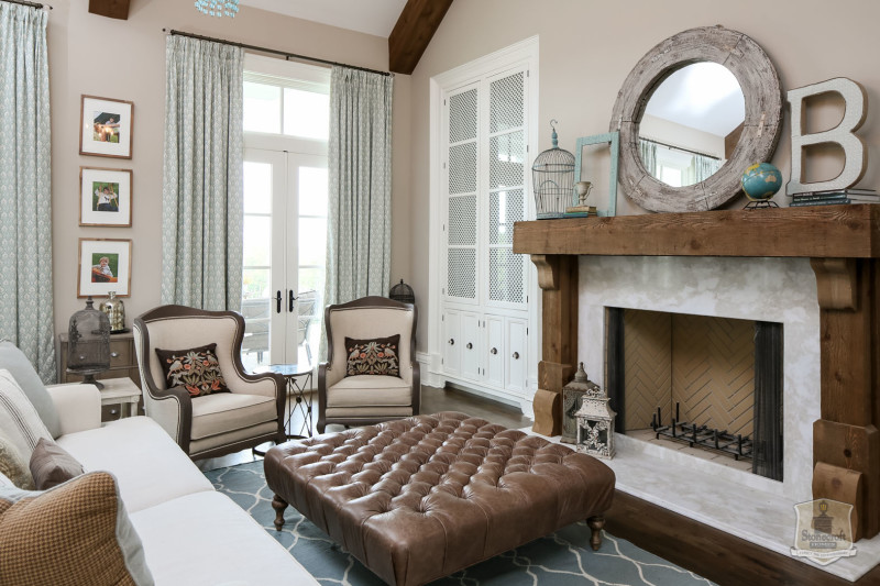 living room fireplace with rustic wood mantel