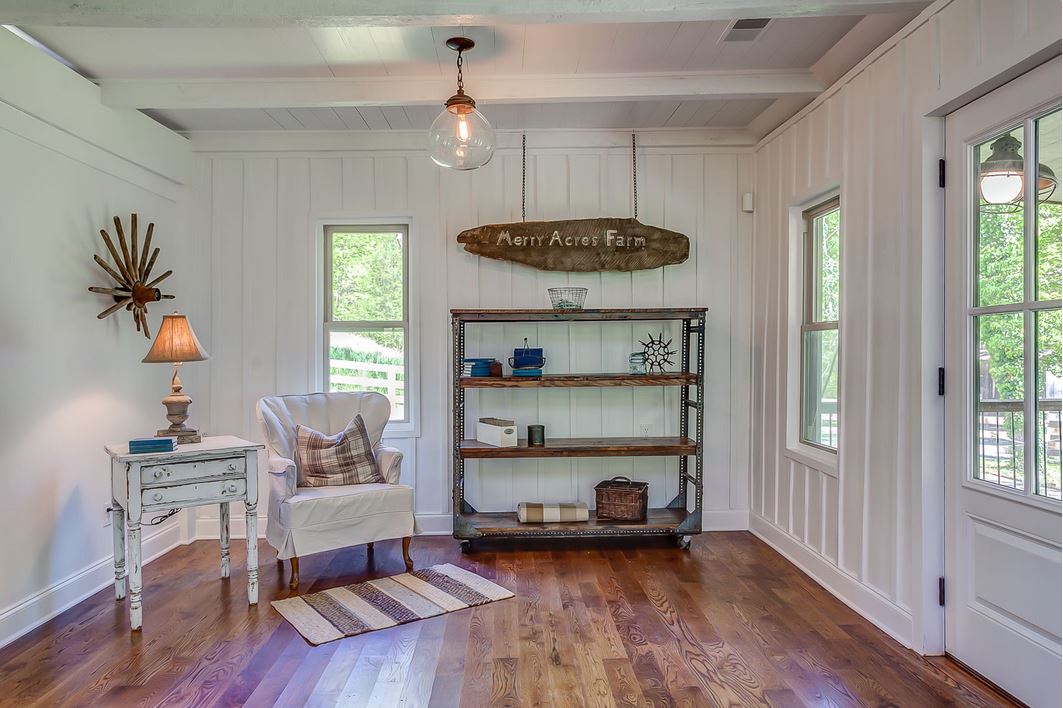 Inside cabin with board and batten walls