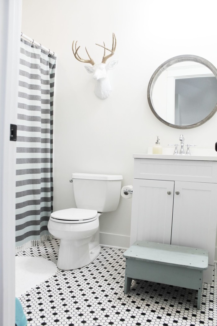 farmhouse bathroom with deer head on wall