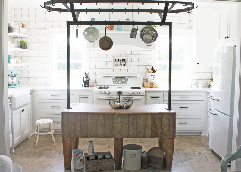 Kitchen island with pot rack