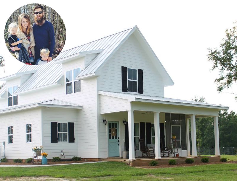 Front exterior of Sugarberry Farmhouse with photo of York family inset