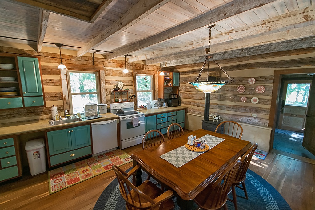 kitchen with turquoise cabinets 