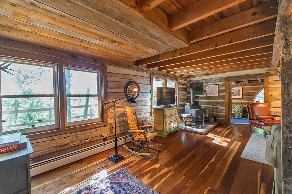 Wood burning stove in corner of living room