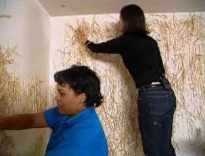 Screenshot of Hildi putting straw on the walls of a house in Trading Spaces