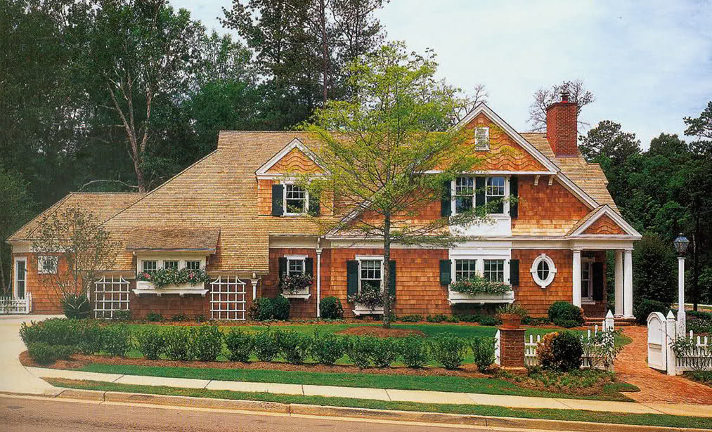 Front exterior of LIFE Magazine\'s Dream House with shingle siding and shutters