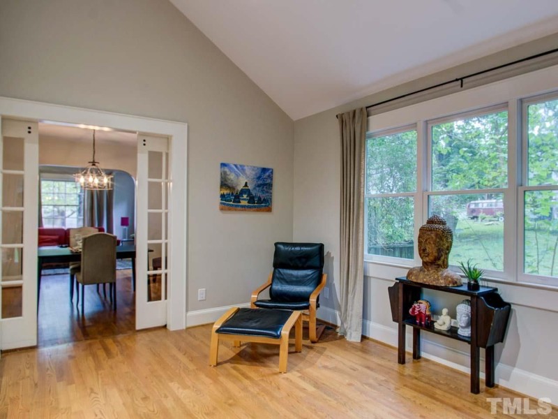 yoga room with buddha head on table