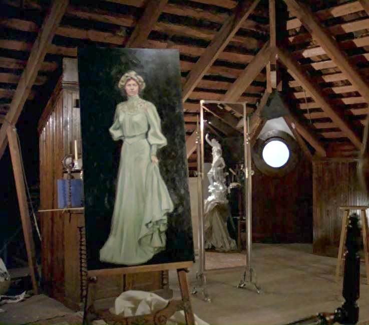 Closeup of painting in the attic showing Jennie wearing the dress