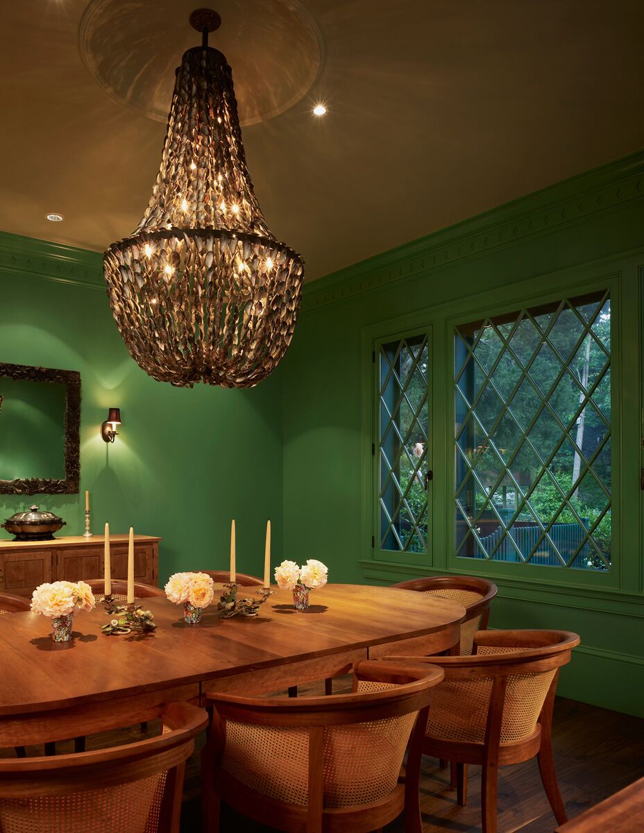 Green walls in dining room