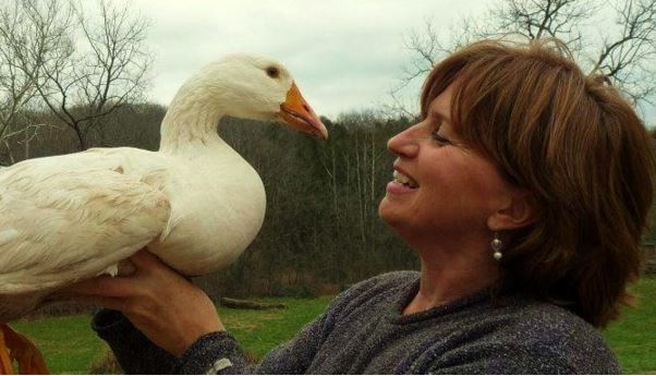 Connie Cunningham on her goose farm in Missouri