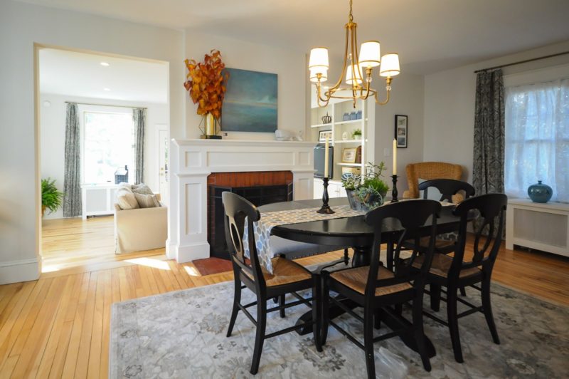 Dining room with fireplace after remodel