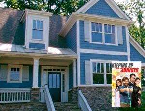 Blue house from Keeping Up with the Joneses movie with movie poster inset