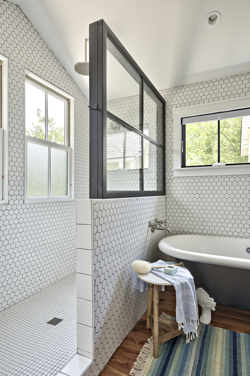 Closeup of bathroom tile beside tub