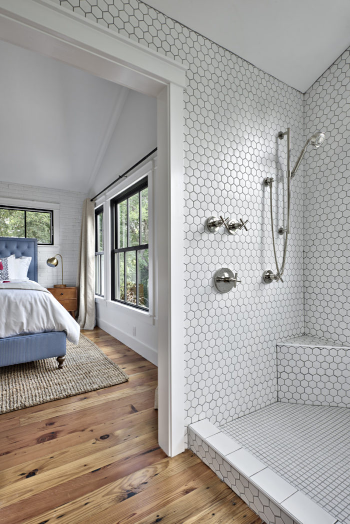 Shower with white hexagonal tile