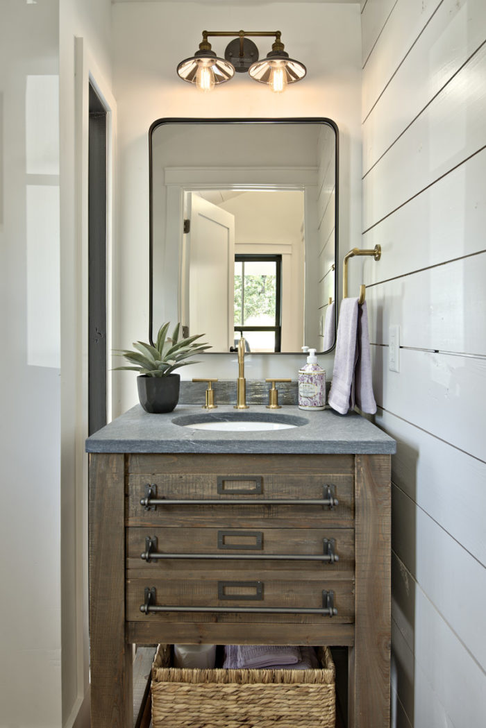 Powder room with shiplap walls