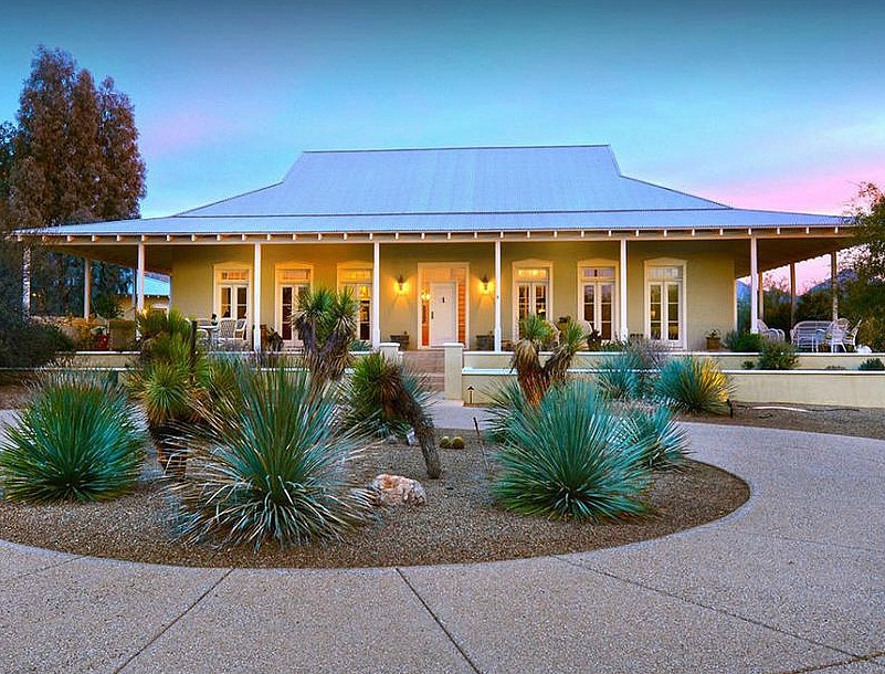 Front exterior of Australian-style farmhouse in Arizona