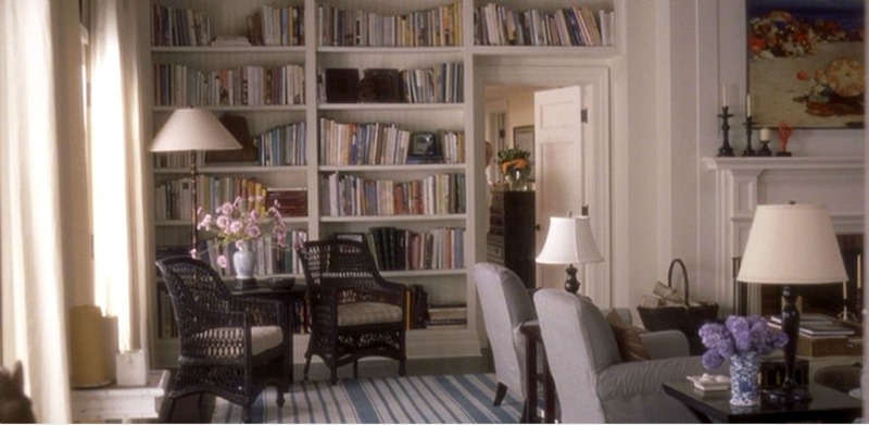 Something\'s Gotta Give movie beach house living room with built-in bookshelves