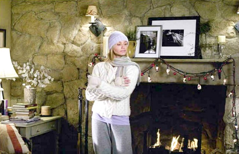 stone cottage mantel in The Holiday movie-Cameron Diaz