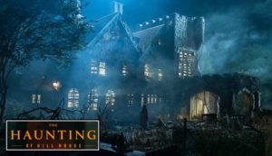 Haunted manor from "Haunting of Hill House" with series logo
