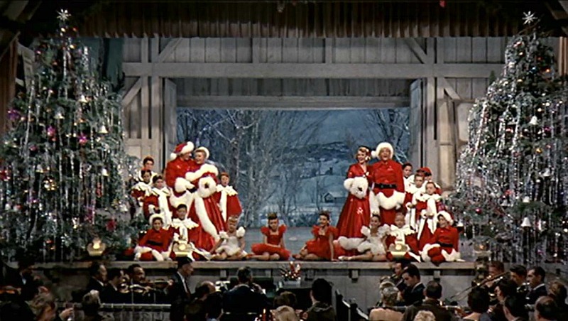 White Christmas finale scene on stage with snow