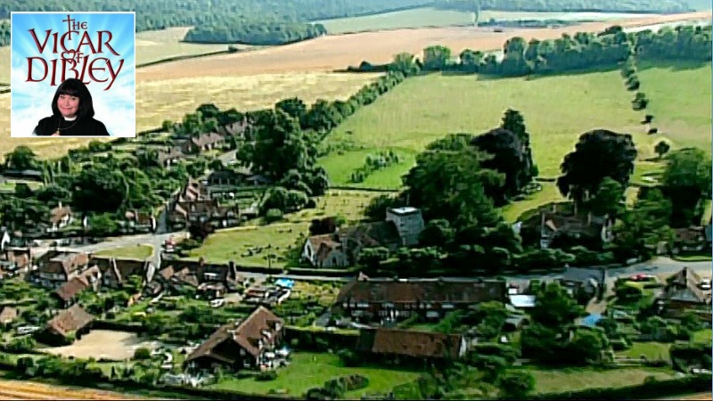 Aerial view of village in credits Vicar of Dibley