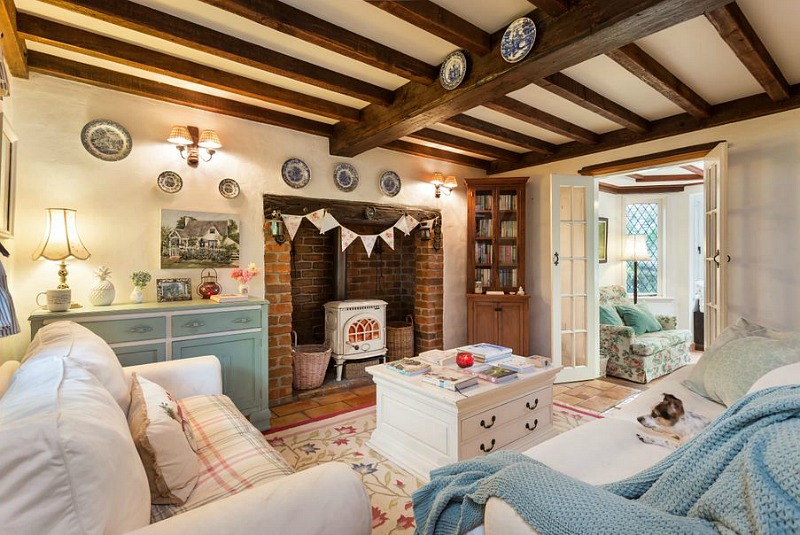 Brick fireplace in cottage living room