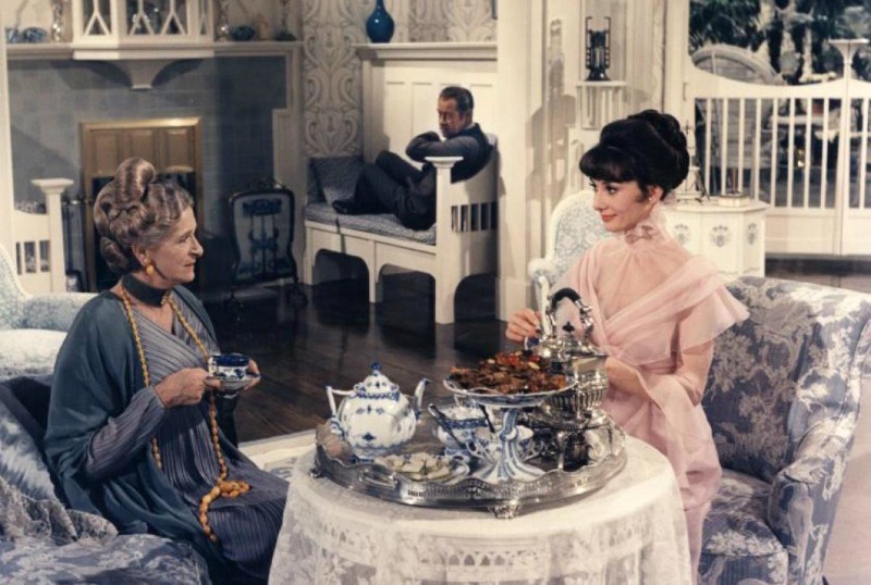 Screenshot of characters having tea in My Fair Lady movie