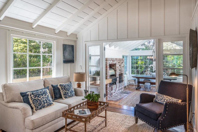 Interior of Carmel cottage with brick fireplace