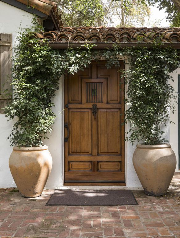 Wood front door framed by vines