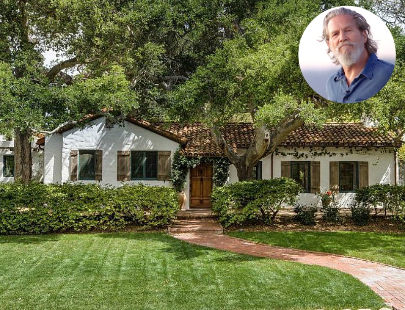 Front exterior of Jeff Bridges\' Spanish Colonial-style ranch house for sale with inset image of the actor 