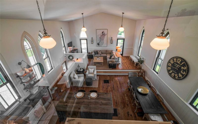 Overhead view of kitchen and living space in converted church