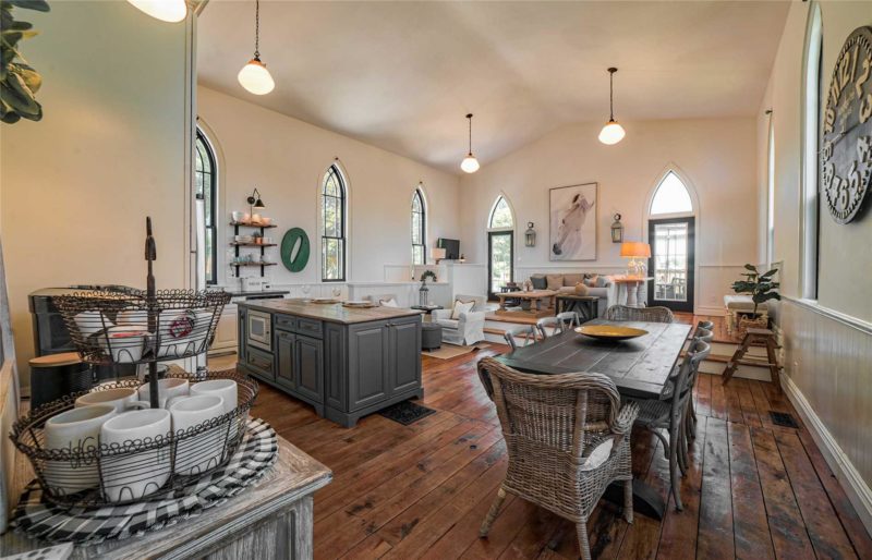 Inside converted church kitchen and living area