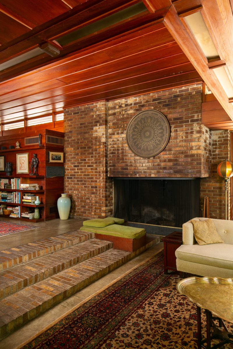 Brick fireplace inFrank Lloyd Wright Sondern-Adler House 