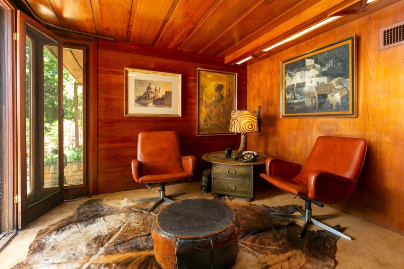 A living room corner with two leather chairs