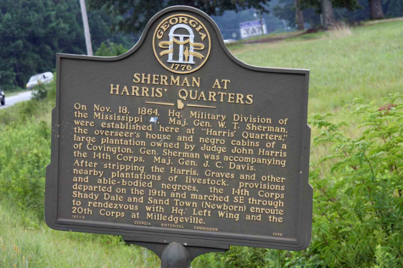 Historic location sign for Sherman at Harris\' Quarters