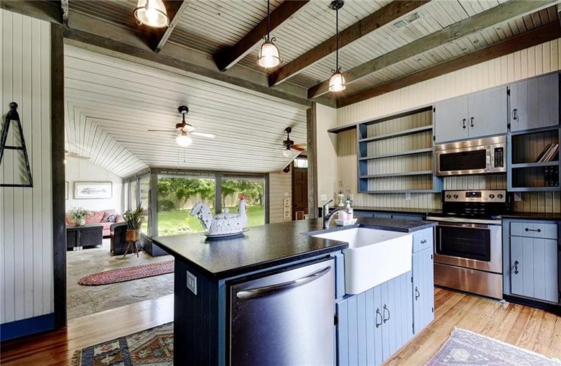 Kitchen with blue cabinets