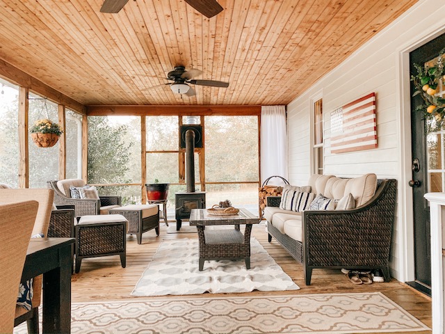 Screened porch with wood-burning stove