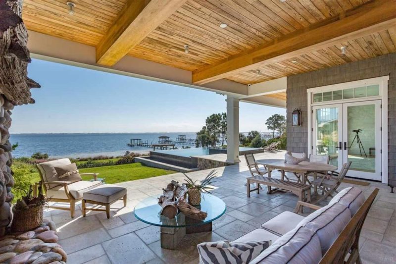 Covered back patio with water views