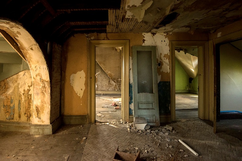 Door leaning against wall with peeling paint in empty mansion