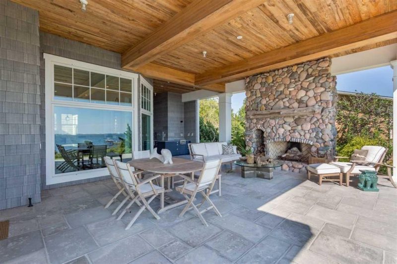 Back patio with stone fireplace