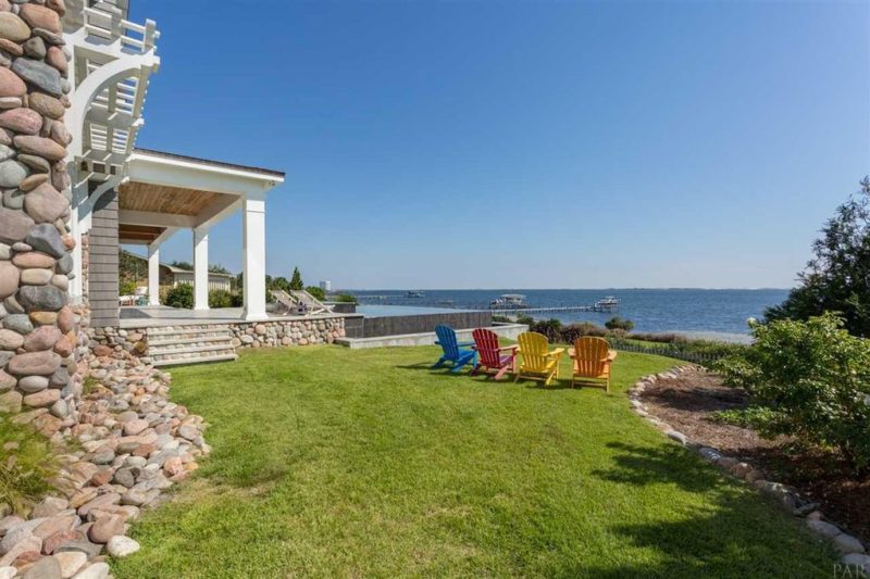 Grassy backyard with Adirondack chairs