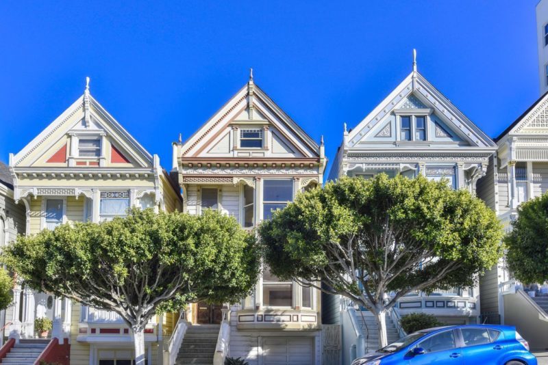 View of painted Victorians along 714 Steiner in San Francisco