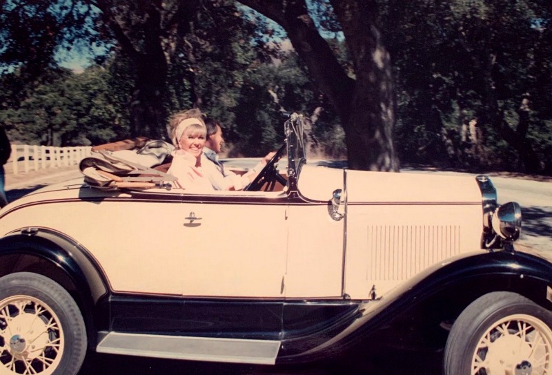 Doris Day in her antique Ford convertible