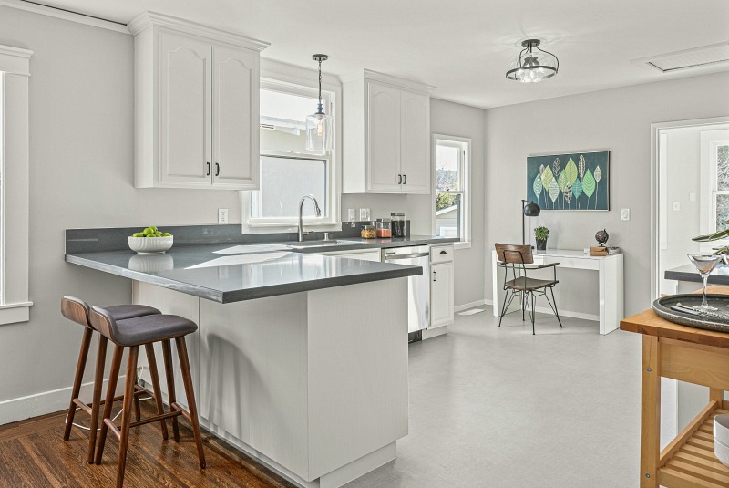 white and gray bungalow kitchen