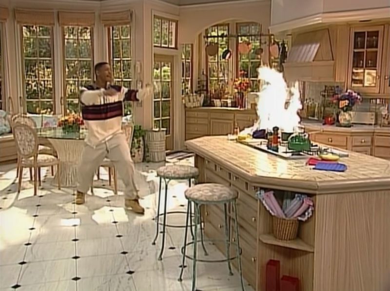 Will Smith in \"Fresh Prince\" kitchen with fire on stove