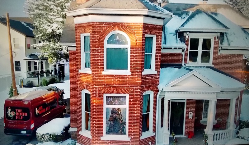 aerial view of red brick house