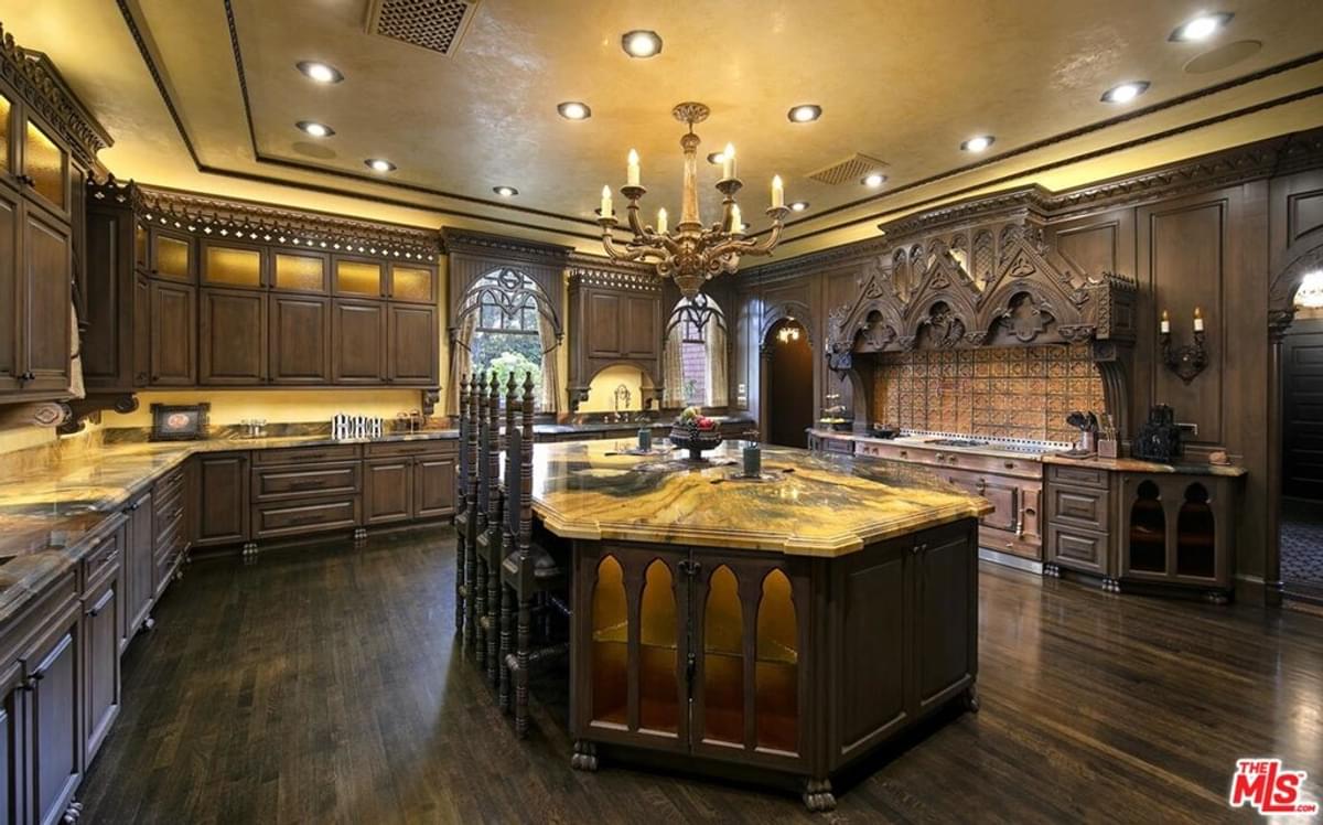 dark wood kitchen in Kat Von D's house for sale